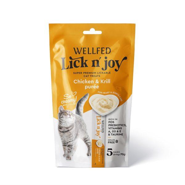 WELLFED Lick 'N Joy priboljšek za mačke kremast piščančji pire z rakci (5x14g) 70g